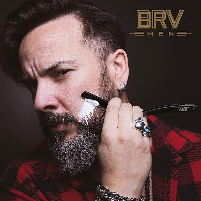 BRV MEN Professional Straight Edge Barber Razor w/ 100 Single Edge Razor Blades | Straight Razors for Men | Barbershop Accessories | Mens Shaving Knife &amp Shavette - Black
