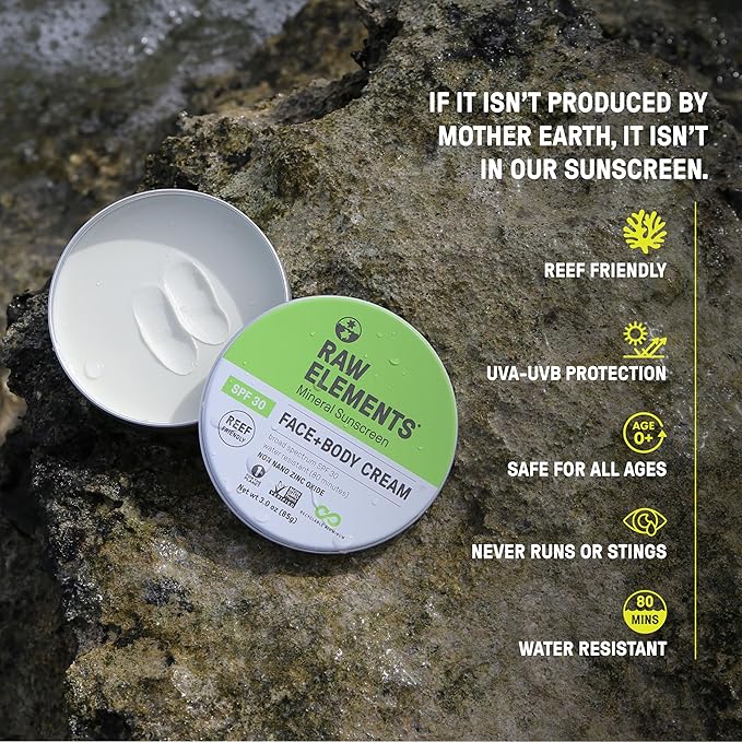 Raw Elements Face and Body Mineral Sunscreen SPF 30 Tin Organic Sunblock Daily Protection Non Toxic Reef Safe Water Resistant Cruelty Free Plastic Free 3 oz (Pack of 2)