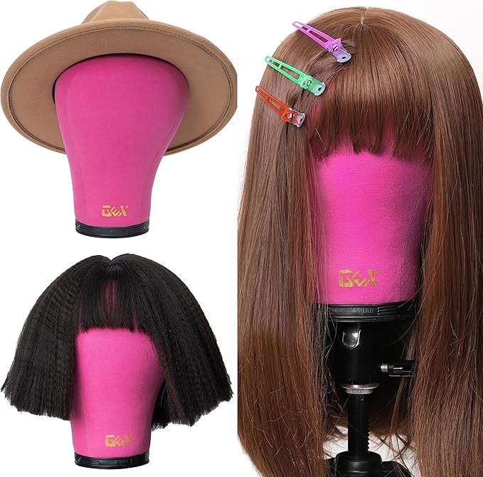 GEX 20-24 Canvas Cork Wig Block Mannequin Head for Wig Making Drying Styling Display with Table C Clamp Stand Holder (Rosy 23)