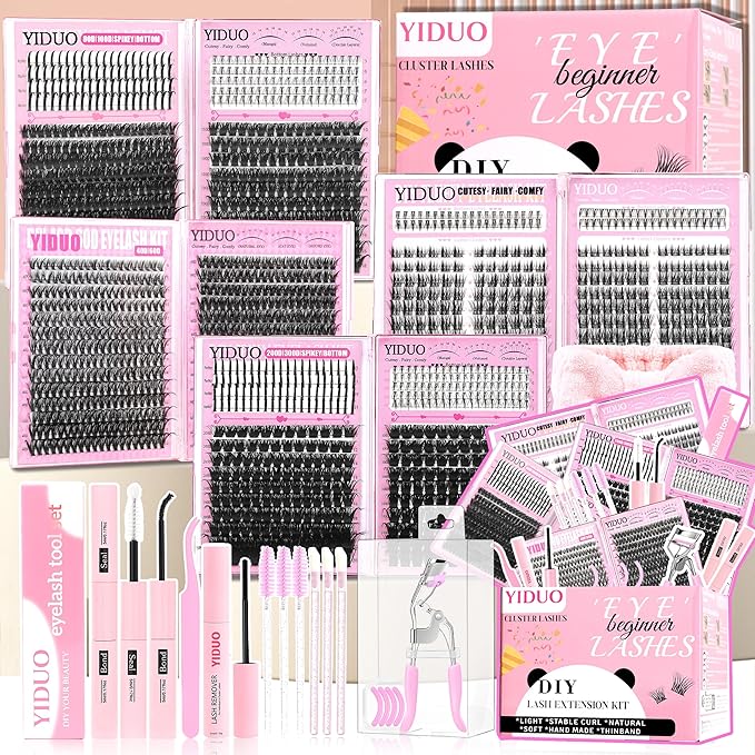 8 Styles Mix Lashes Clusters Kit 4 Box Cluster Lash Book Kit with Bond&ampSeal 1888Pcs 100D/200D/300D Volume Manga Eyelash Extension with Spikys/Bottom lash Kit for Beginners DIY at Home Easily